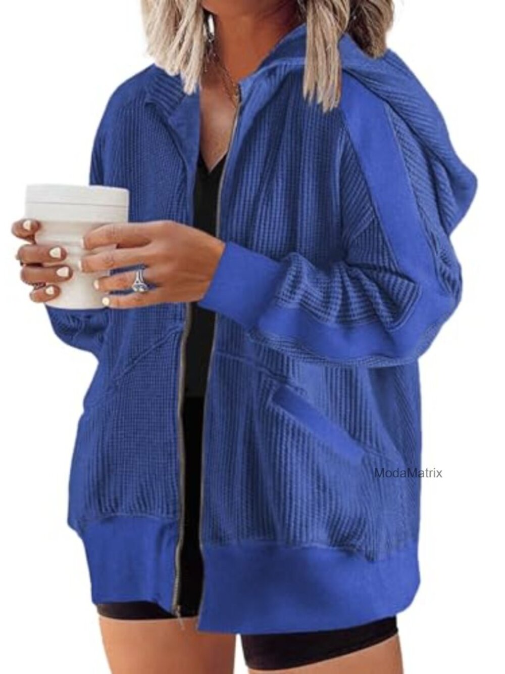 Plus Size Waffle Knit Zip Up Hoodie Sweatshirt Oversized